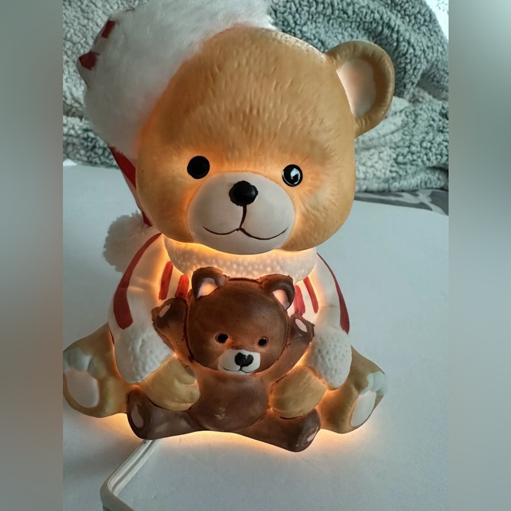 CT1- Ceramic Night Bed-Time Bear holding Teddy Bear Cloth Hat Red White